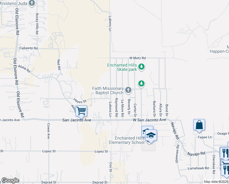 map of restaurants, bars, coffee shops, grocery stores, and more near 22775 Raymond Road in Perris