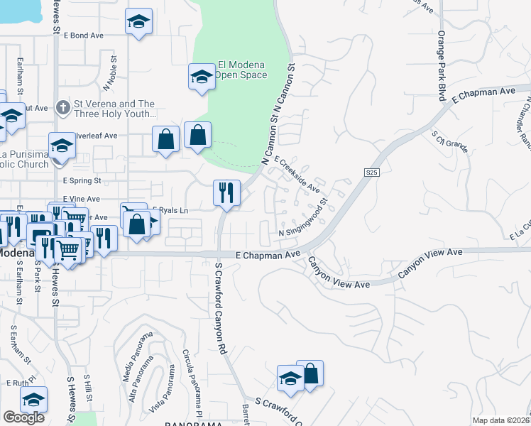 map of restaurants, bars, coffee shops, grocery stores, and more near 5722 East Stillwater Avenue in Orange