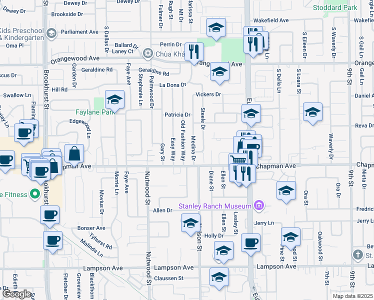 map of restaurants, bars, coffee shops, grocery stores, and more near 11852 Old Fashion Way in Garden Grove