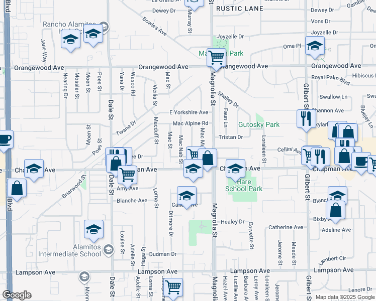 map of restaurants, bars, coffee shops, grocery stores, and more near in Garden Grove