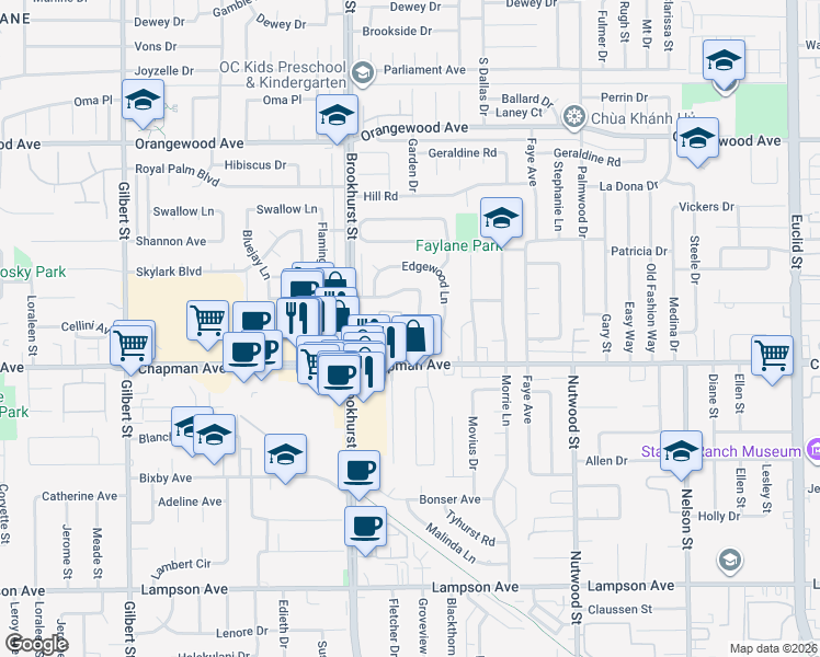 map of restaurants, bars, coffee shops, grocery stores, and more near 10082 Melody Park Drive in Garden Grove