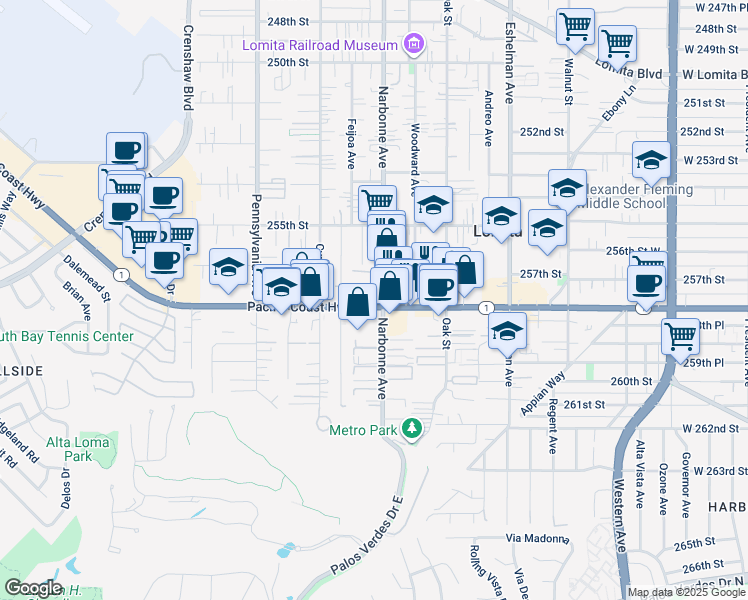 map of restaurants, bars, coffee shops, grocery stores, and more near 2201 Pacific Coast Highway in Lomita