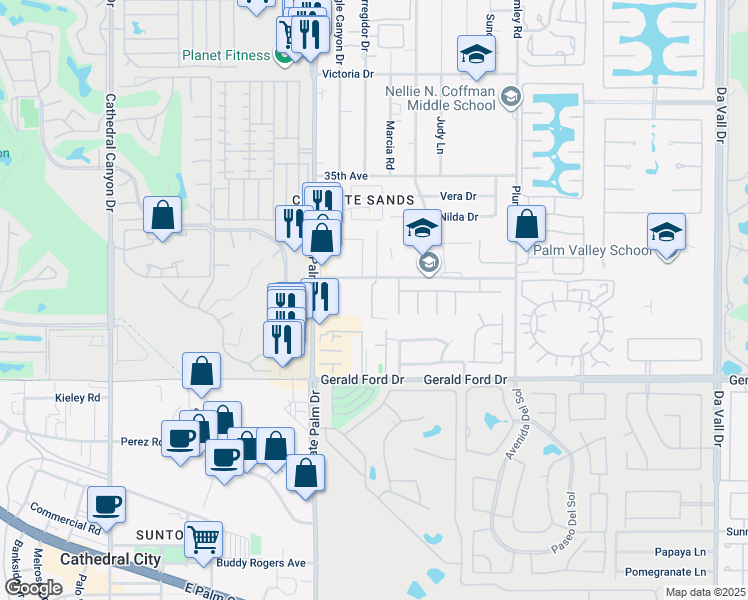 map of restaurants, bars, coffee shops, grocery stores, and more near 69175 Converse Road in Cathedral City