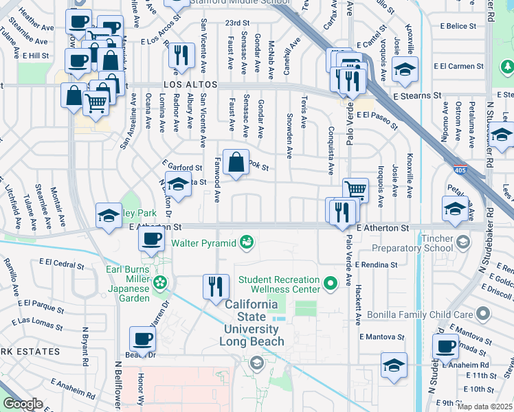 map of restaurants, bars, coffee shops, grocery stores, and more near 1849 North College Circle in Long Beach