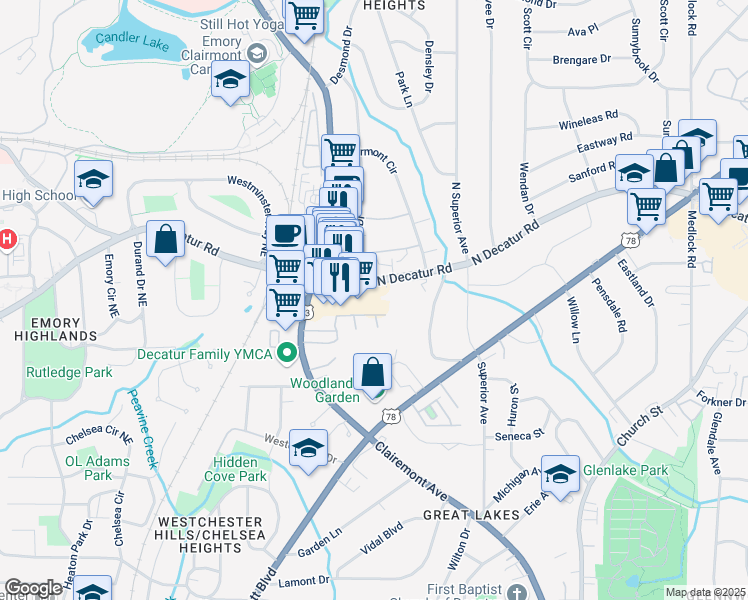 map of restaurants, bars, coffee shops, grocery stores, and more near 2161 North Decatur Road in Decatur