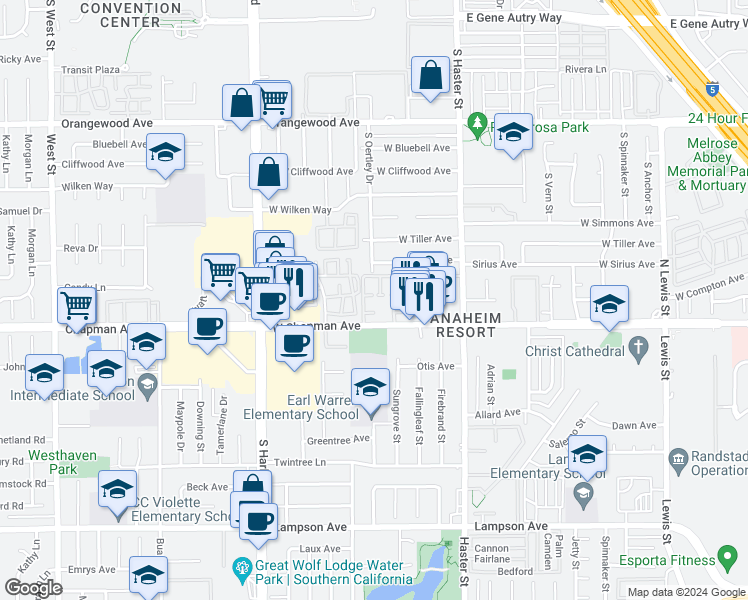 map of restaurants, bars, coffee shops, grocery stores, and more near 12776 Sussex Circle in Garden Grove