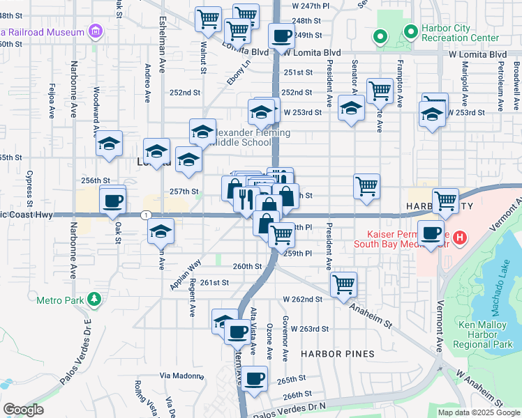 map of restaurants, bars, coffee shops, grocery stores, and more near 1715 257th Street in Lomita