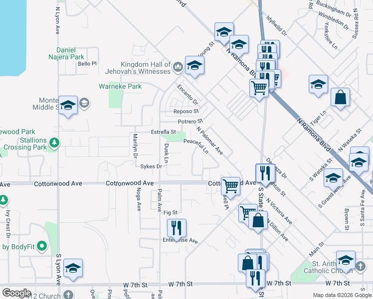 map of restaurants, bars, coffee shops, grocery stores, and more near 1027 Shady Court in San Jacinto