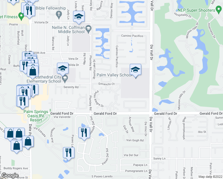map of restaurants, bars, coffee shops, grocery stores, and more near 35526 Feliz Court in Rancho Mirage