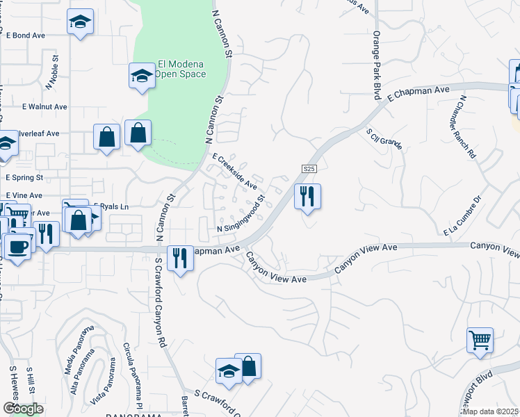 map of restaurants, bars, coffee shops, grocery stores, and more near 20 North Singingwood Street in Orange