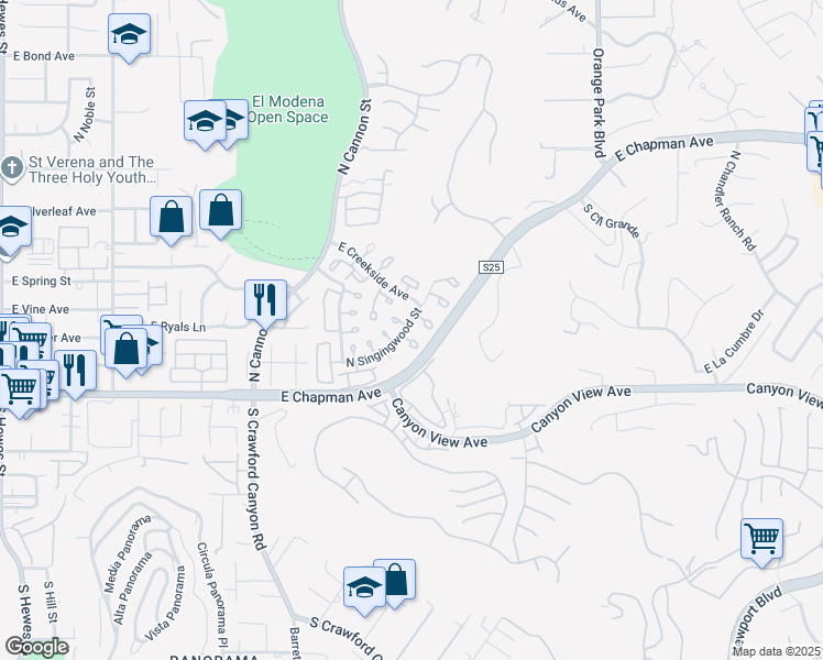 map of restaurants, bars, coffee shops, grocery stores, and more near 20 North Singingwood Street in Orange