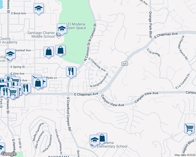 map of restaurants, bars, coffee shops, grocery stores, and more near 222 North Singingwood Street in Orange
