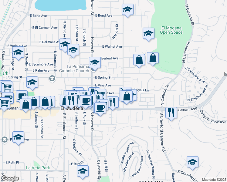 map of restaurants, bars, coffee shops, grocery stores, and more near 18915 East Vine Avenue in Orange