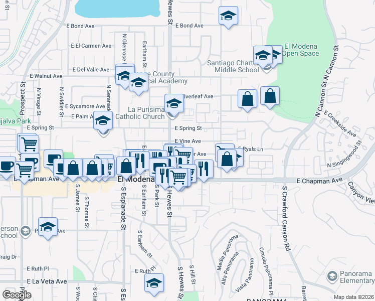map of restaurants, bars, coffee shops, grocery stores, and more near 18833 East Vine Avenue in Orange