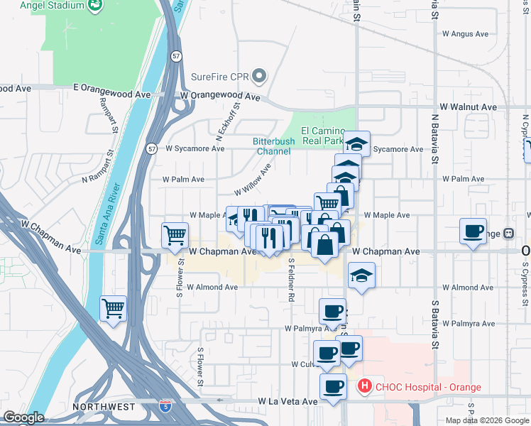 map of restaurants, bars, coffee shops, grocery stores, and more near 257 North Hemlock Street in Orange