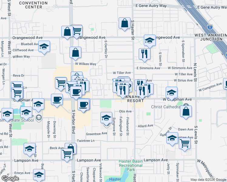 map of restaurants, bars, coffee shops, grocery stores, and more near 11872 Sungrove Circle in Garden Grove