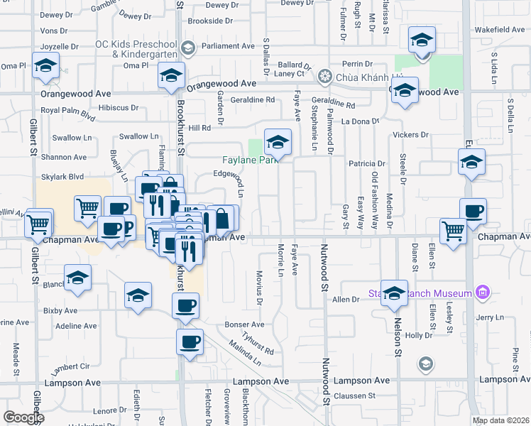 map of restaurants, bars, coffee shops, grocery stores, and more near 11851 Seacrest Drive in Garden Grove