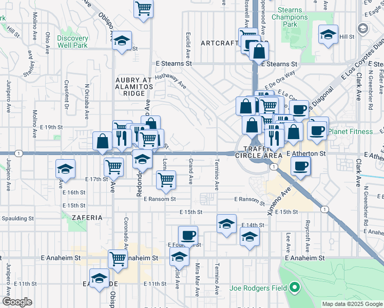 map of restaurants, bars, coffee shops, grocery stores, and more near 3801 East Pacific Coast Highway in Long Beach