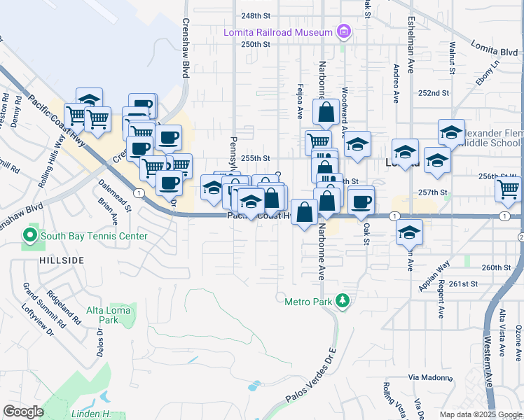 map of restaurants, bars, coffee shops, grocery stores, and more near 25617 Cypress Street in Lomita