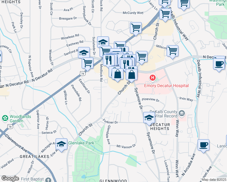 map of restaurants, bars, coffee shops, grocery stores, and more near 2629 North Decatur Road in Decatur