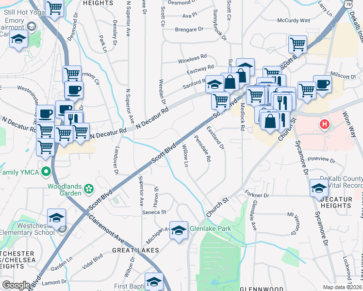 map of restaurants, bars, coffee shops, grocery stores, and more near 1325 Scott Boulevard in Decatur