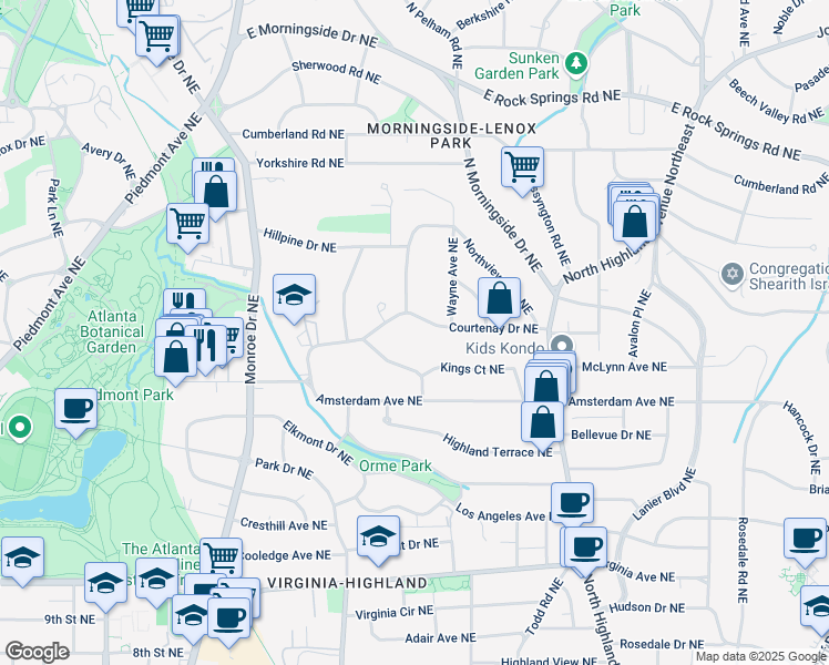 map of restaurants, bars, coffee shops, grocery stores, and more near 803 Courtenay Drive Northeast in Atlanta