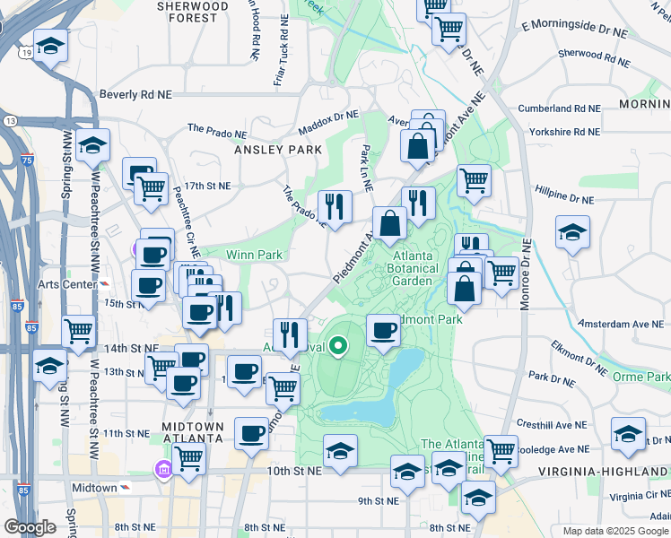 map of restaurants, bars, coffee shops, grocery stores, and more near 37 South Prado Northeast in Atlanta