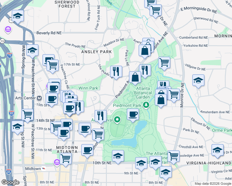 map of restaurants, bars, coffee shops, grocery stores, and more near 1 South Prado Northeast in Atlanta