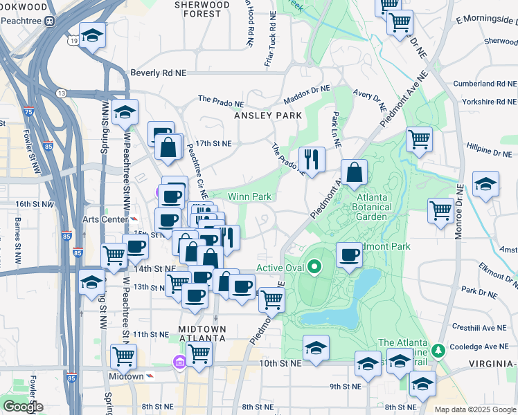 map of restaurants, bars, coffee shops, grocery stores, and more near 32 Lafayette Drive Northeast in Atlanta