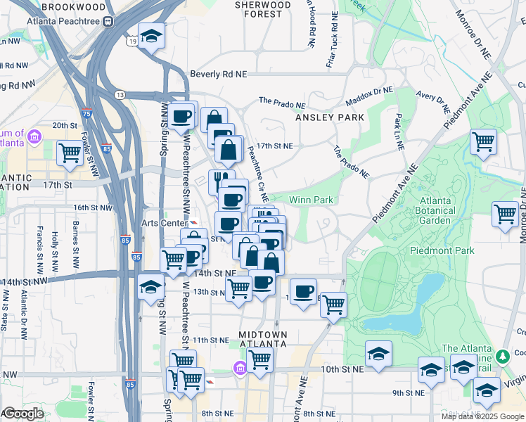 map of restaurants, bars, coffee shops, grocery stores, and more near 34 Peachtree Circle Northeast in Atlanta