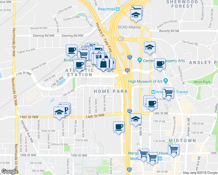 map of restaurants, bars, coffee shops, grocery stores, and more near 209 16th Street Northwest in Atlanta
