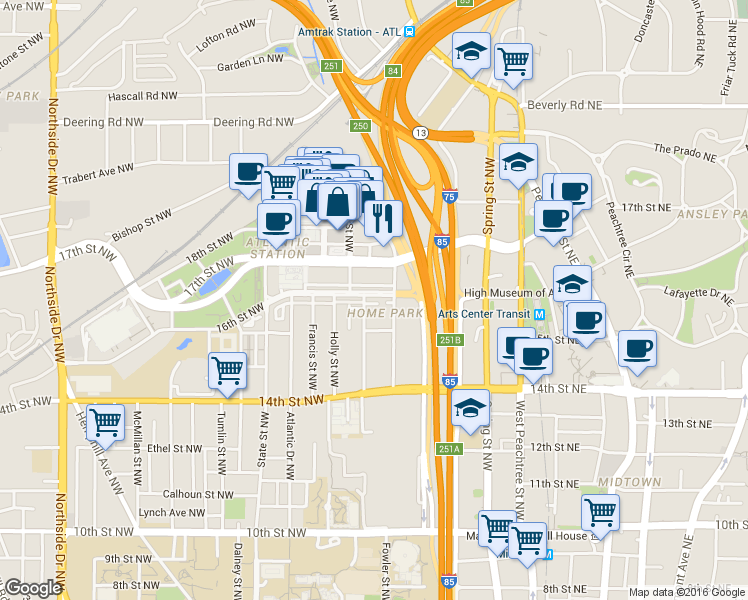 map of restaurants, bars, coffee shops, grocery stores, and more near 214 16th Street Northwest in Atlanta