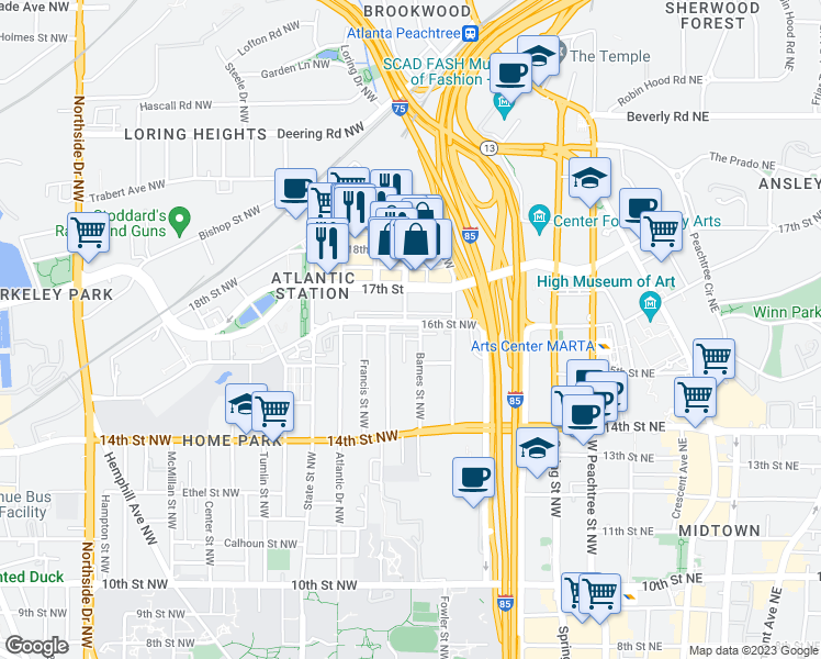 map of restaurants, bars, coffee shops, grocery stores, and more near 234 16th Street Northwest in Atlanta