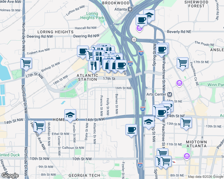 map of restaurants, bars, coffee shops, grocery stores, and more near 209 16th Street Northwest in Atlanta
