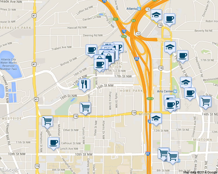 map of restaurants, bars, coffee shops, grocery stores, and more near in Atlanta