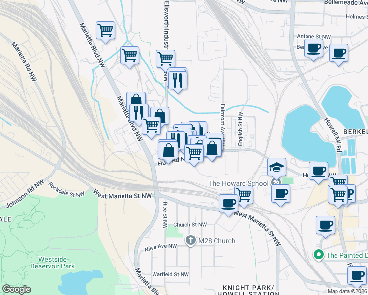 map of restaurants, bars, coffee shops, grocery stores, and more near 1228 Chelsea Circle Northwest in Atlanta
