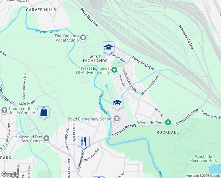 map of restaurants, bars, coffee shops, grocery stores, and more near 1780 Westmoreland Lane Northwest in Atlanta