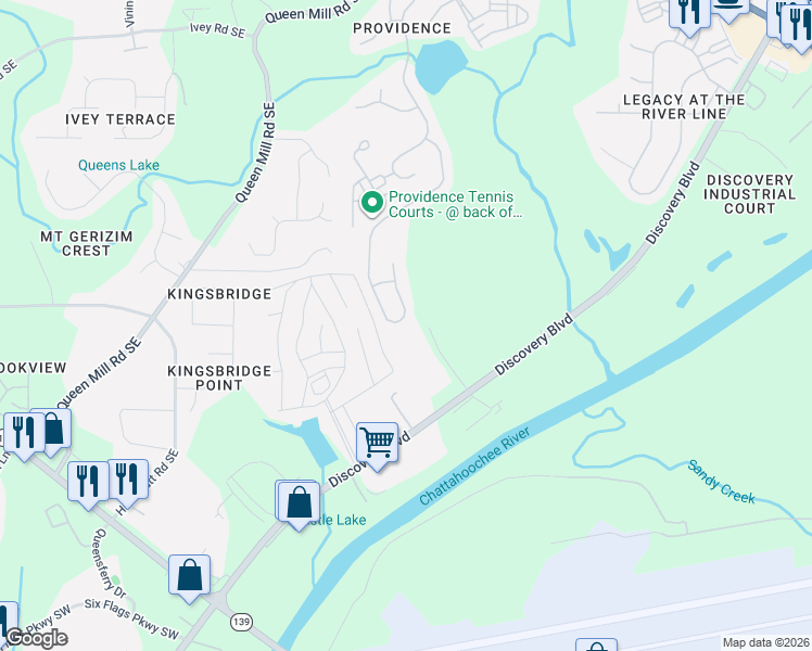 map of restaurants, bars, coffee shops, grocery stores, and more near 1162 Regal Hills Lane in Mableton