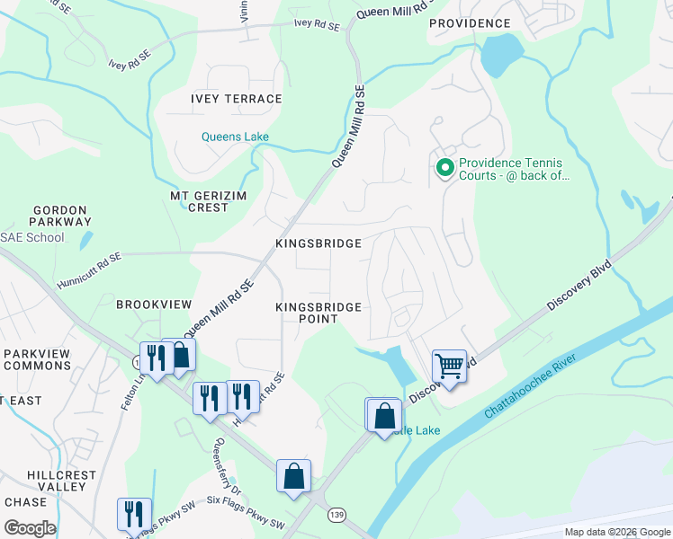 map of restaurants, bars, coffee shops, grocery stores, and more near 672 King Sword Court Southeast in Mableton
