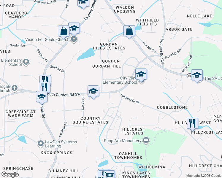 map of restaurants, bars, coffee shops, grocery stores, and more near 376 South Gordon Road Southwest in Mableton