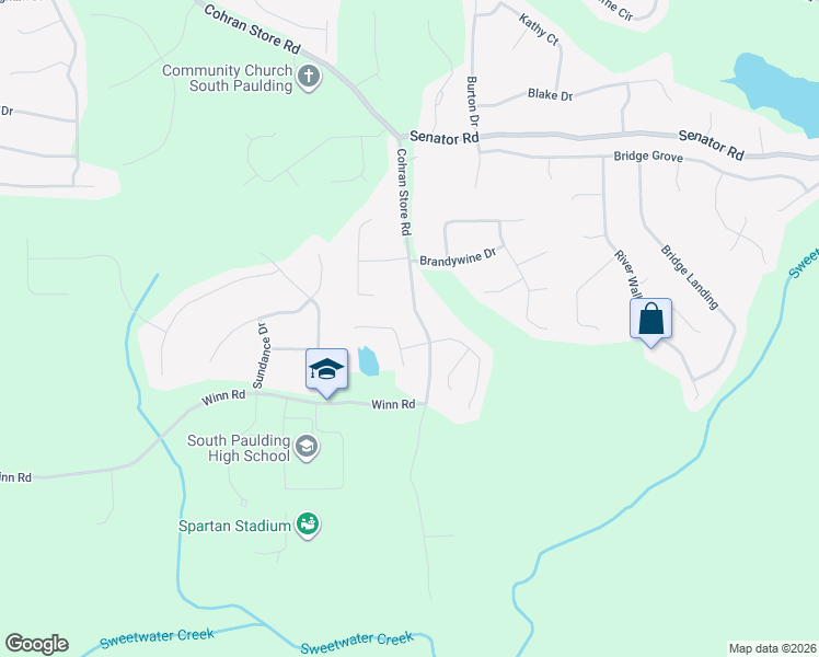 map of restaurants, bars, coffee shops, grocery stores, and more near 94 Cohran Lake Court in Douglasville