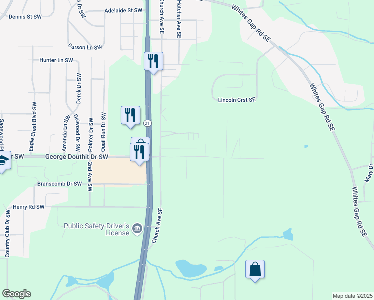 map of restaurants, bars, coffee shops, grocery stores, and more near 1585 Church Avenue Southeast in Jacksonville