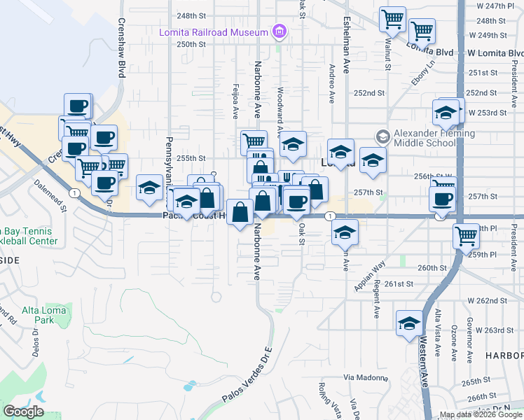 map of restaurants, bars, coffee shops, grocery stores, and more near 25624 Narbonne Avenue in Lomita