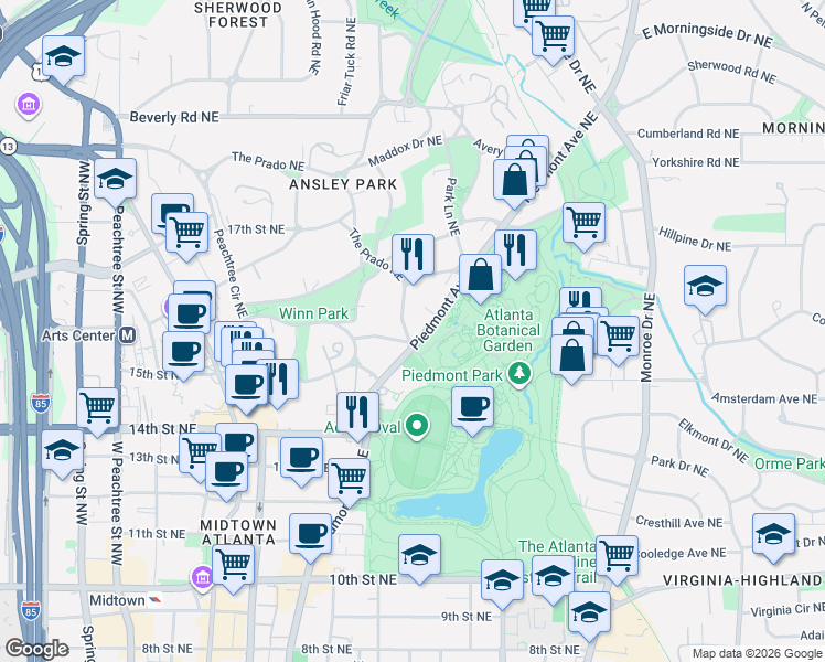 map of restaurants, bars, coffee shops, grocery stores, and more near 37 South Prado Northeast in Atlanta