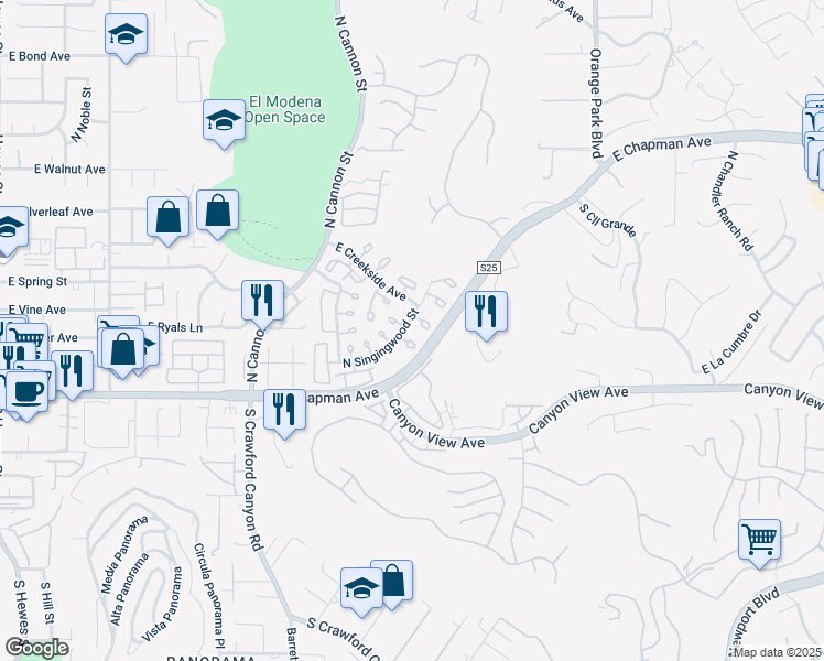 map of restaurants, bars, coffee shops, grocery stores, and more near 20 North Singingwood Street in Orange