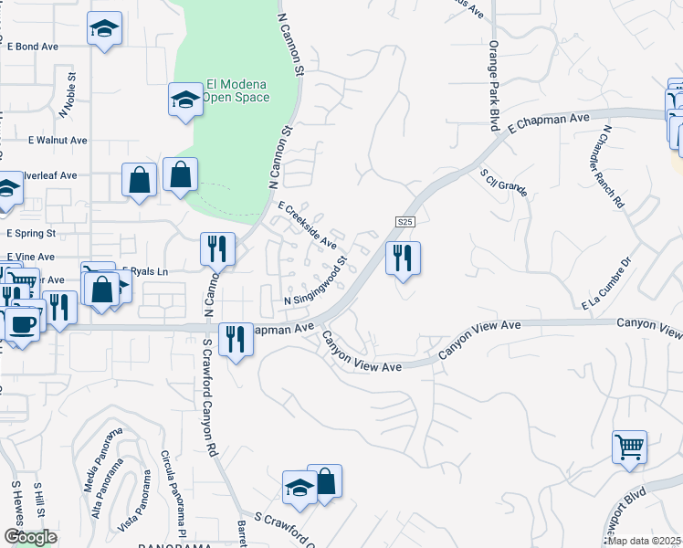 map of restaurants, bars, coffee shops, grocery stores, and more near 155 North Singingwood Street in Orange