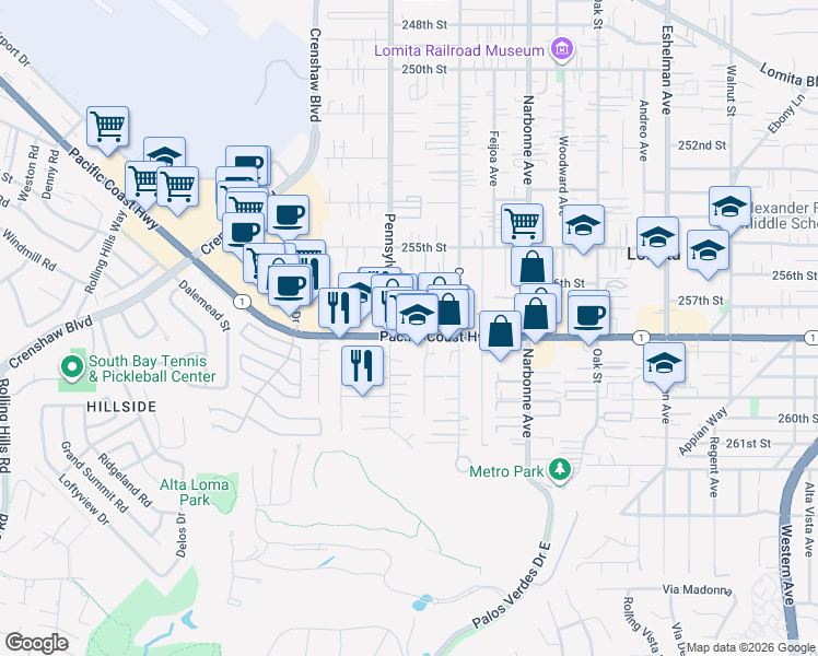 map of restaurants, bars, coffee shops, grocery stores, and more near 25616 Reed Drive in Lomita