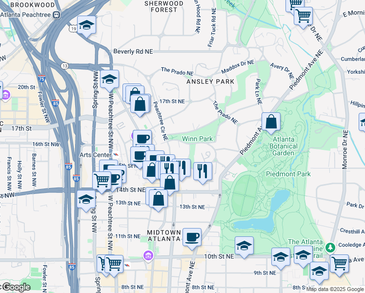 map of restaurants, bars, coffee shops, grocery stores, and more near 32 Lafayette Drive Northeast in Atlanta