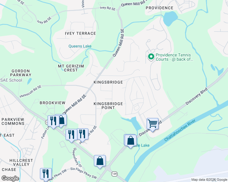 map of restaurants, bars, coffee shops, grocery stores, and more near 672 King Sword Court Southeast in Mableton