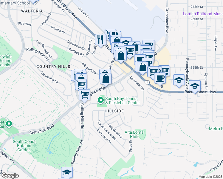 map of restaurants, bars, coffee shops, grocery stores, and more near 25710 Crest Road in Torrance